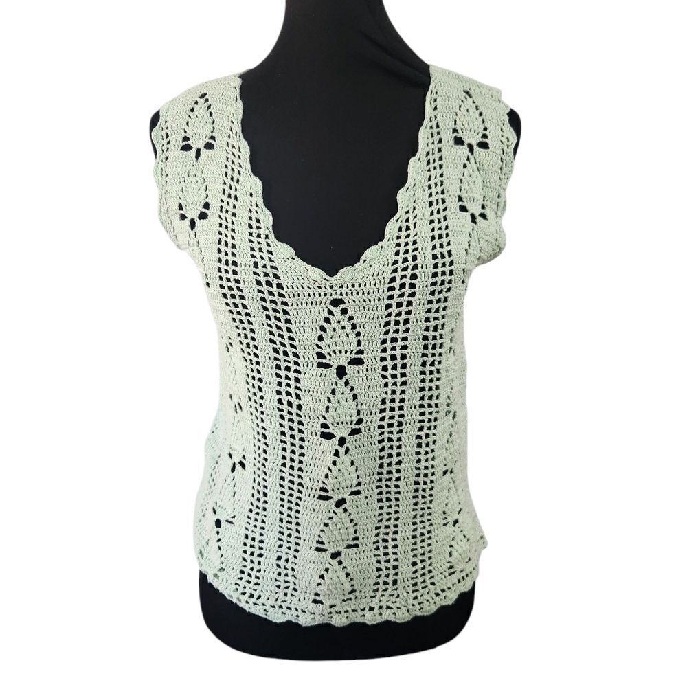 Vintage Boho Crochet Tank Top Shirt S M Green Doily Scallop Loose Weave